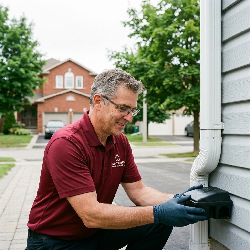 An All Corners technician placing a tamper-proof bait station beside a garage