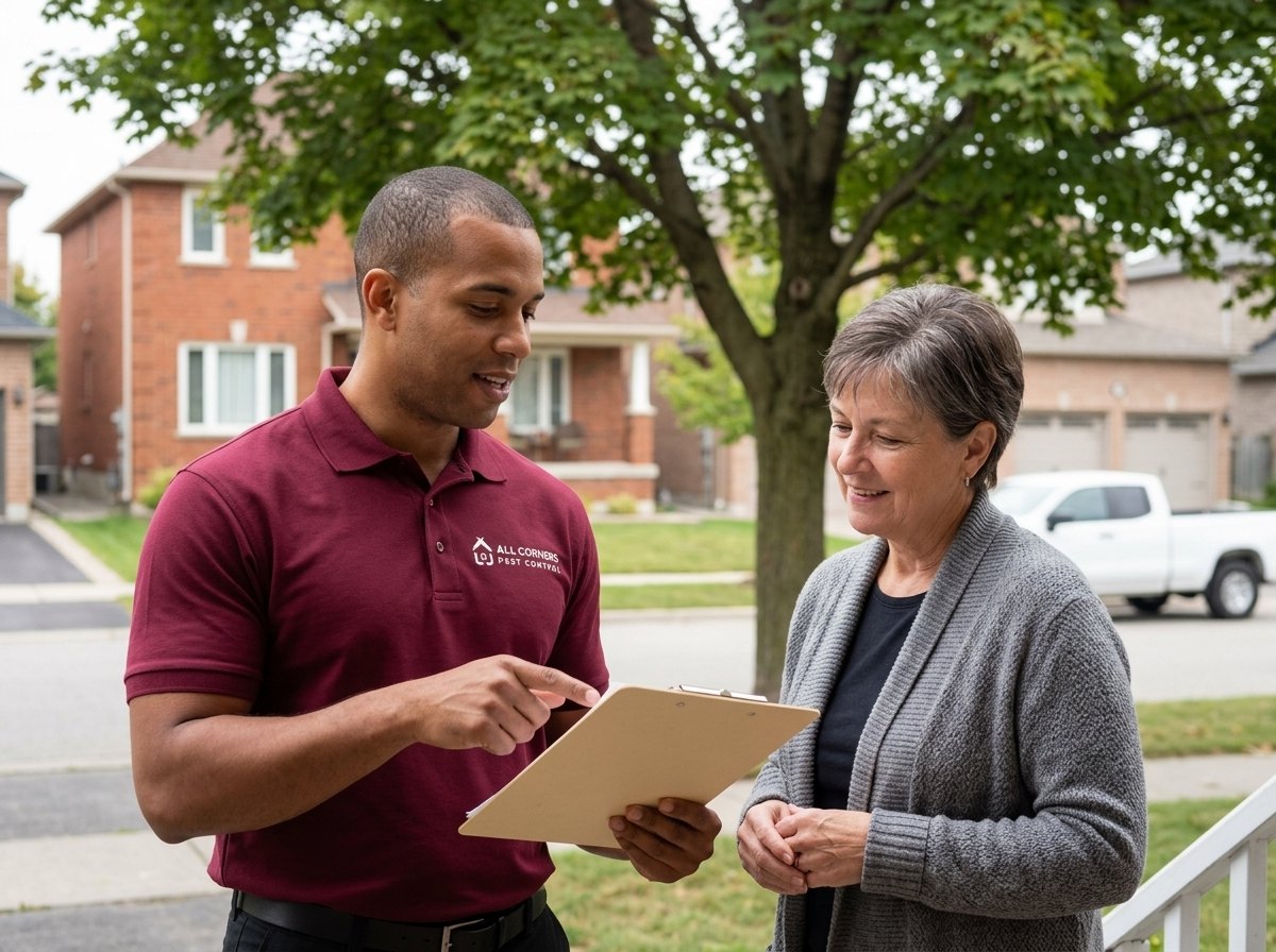 An All Corners technician reviewing a treatment plan with a homeowner