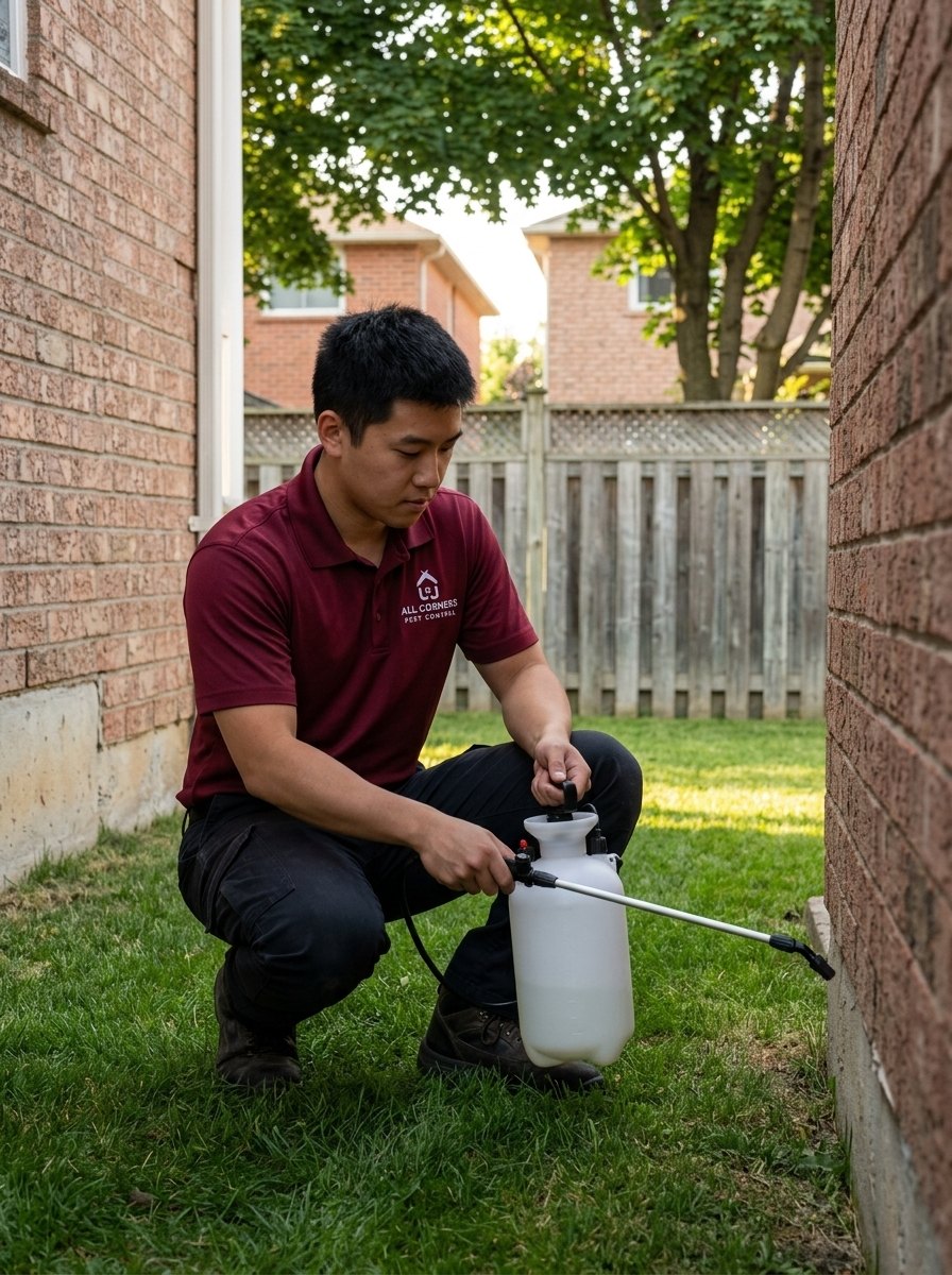 An All Corners technician treating the exterior foundation of a brick home
