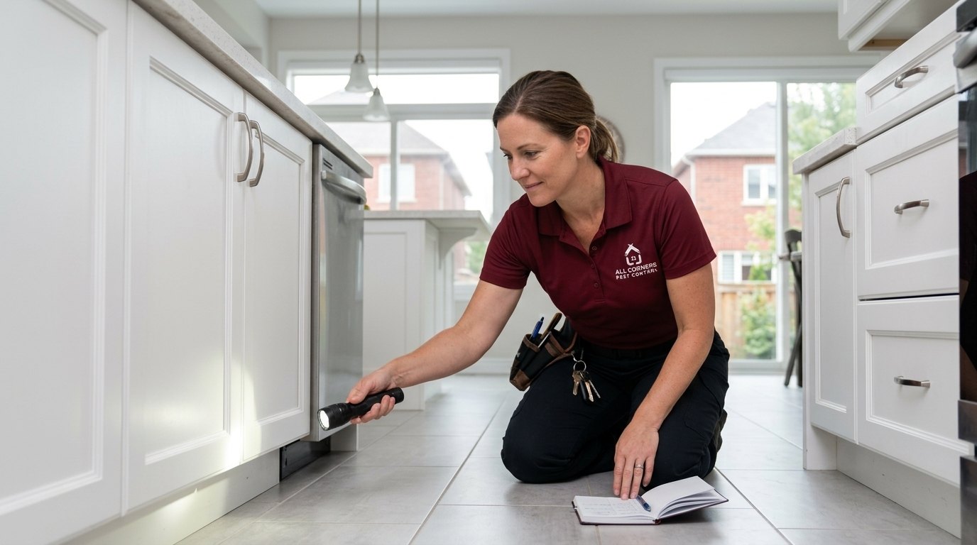 An All Corners technician inspecting a kitchen baseboard